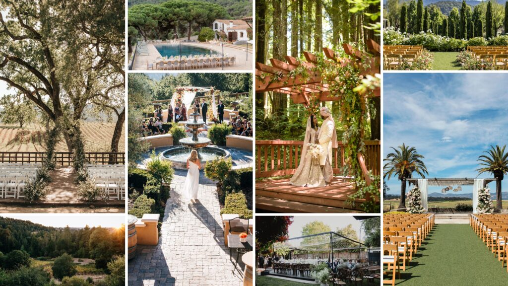 San Francisco Bay Area garden and outdoor wedding ceremony venues such as B.R. Cohn, Carmel Valley Ranch, Forests, Private Estate, Rosewood Sandhill and Carneros Resort.