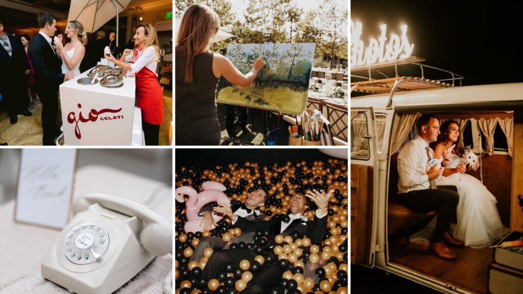 Interactive elements for spring weddings in the bay area including seasonal gelato, live painting, phone guest book, ball pit and photo booth.