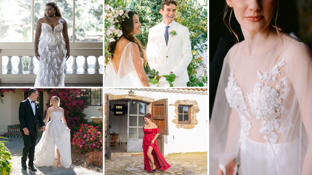 Statement bridal fashion including lace, embroidery, sheer veils and dress elements, as well as bright floral dresses and pastel/light colored groom attire.