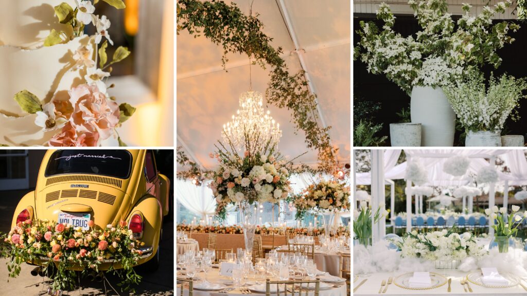 Bay Area Wedding Florals, featuring floral cake decorations, large floral installations, garden florals and ethereal white florals with drapery.