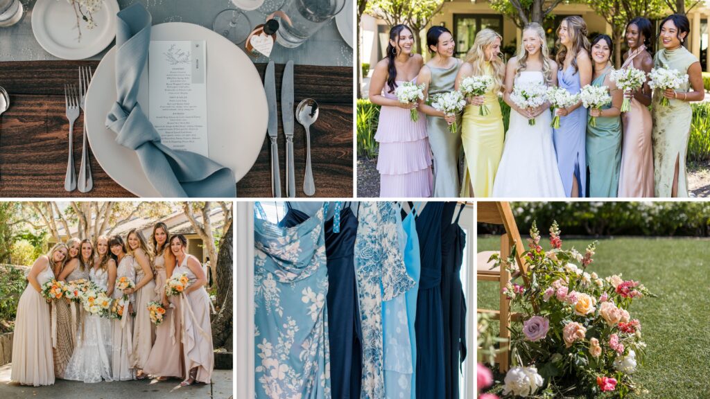 Wedding pastels and earthy tones in the Bay Area. Featuring pastel, metallic and mismatched blue, and neutral tones bridesmaids dresses. Also featuring blue tablscape decor and garden ceremony florals. 